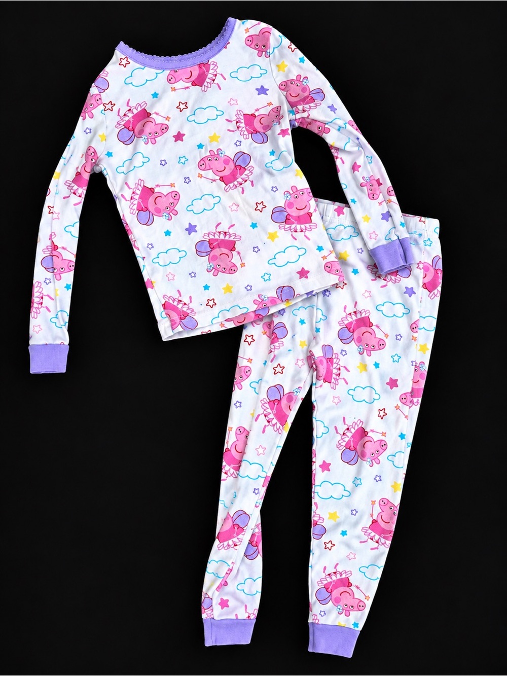 Kids Peppa Pig Print Pajama Set with Purple Trim